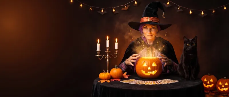 La voyante d’Avenirtel en chapeau de sorcière lit l’avenir dans une citrouille d’Halloween illuminée, entre des bougies et un chat noir